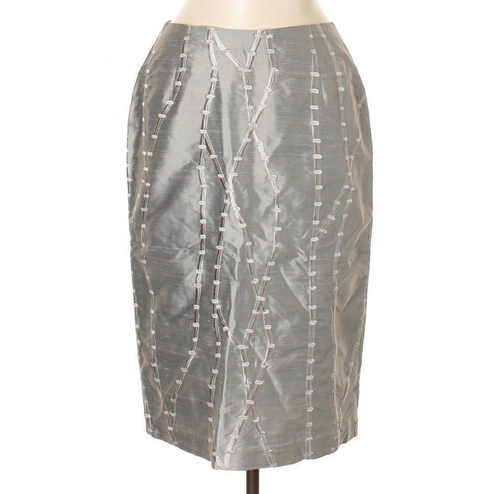 Silk Box Metallic Gray Raw Silk Skirt w/Embroidered Bamboo Pattern Throughout-6